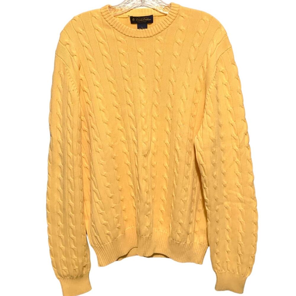 Men's BROOKS BROTHERS L 100% Pima Cotton Cable Knit Sweater Pullover Yellow Golf